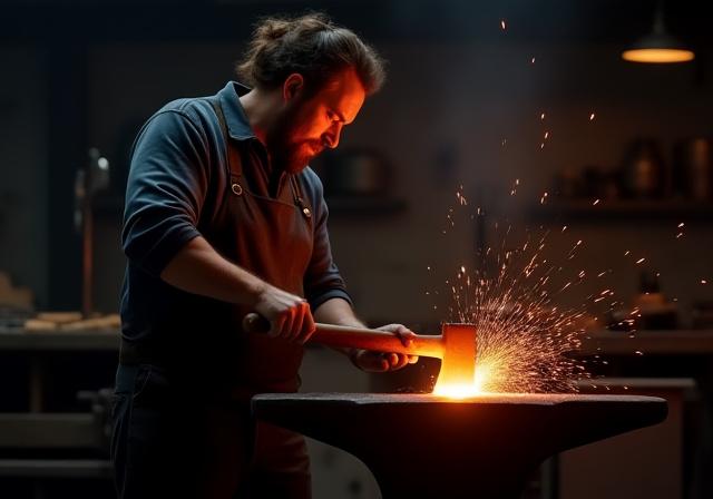 Mastro forgiatore al lavoro nell officina di Montagna Ferro