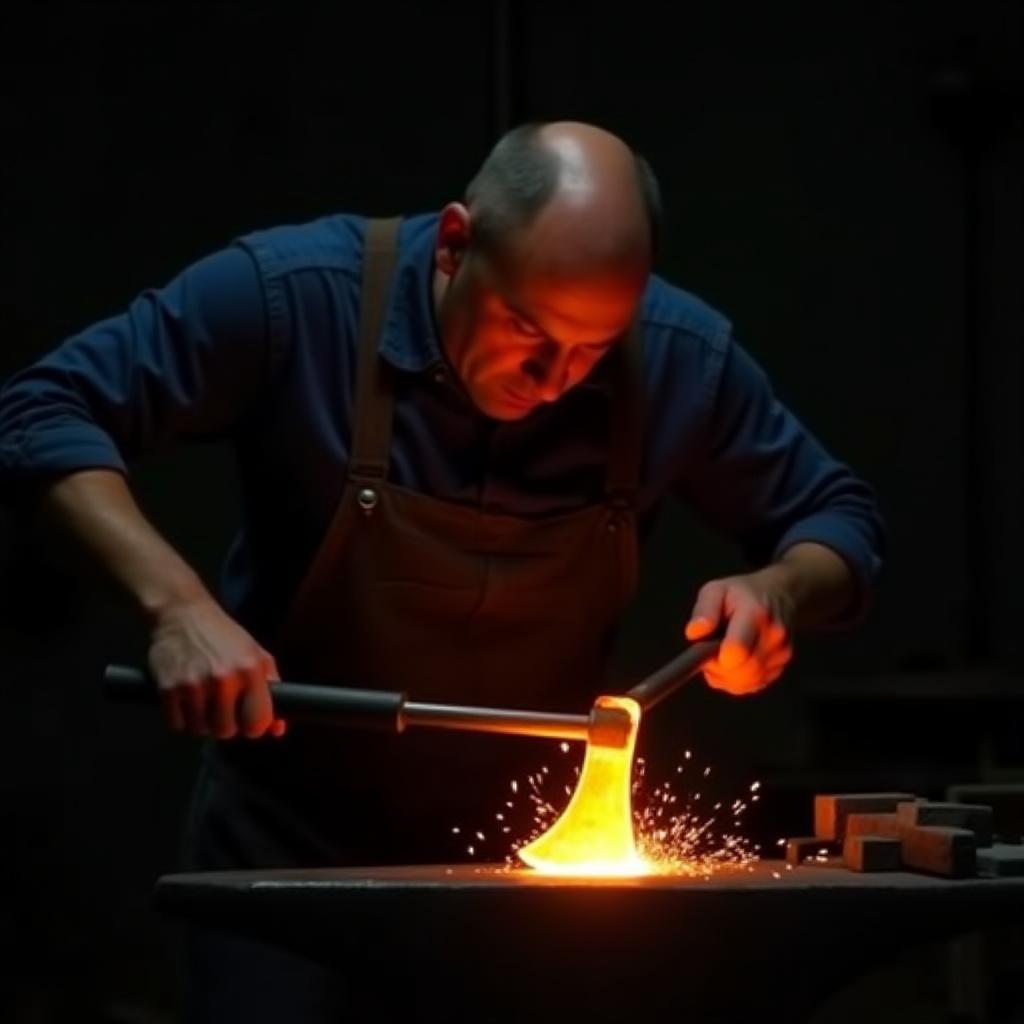 Mastro forgiatore al lavoro con incudine e martello