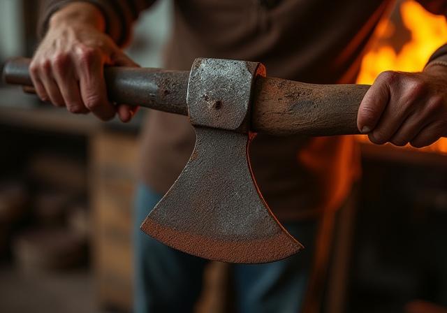 Mastro fabbro che restaura una vecchia testa di ascia arrugginita